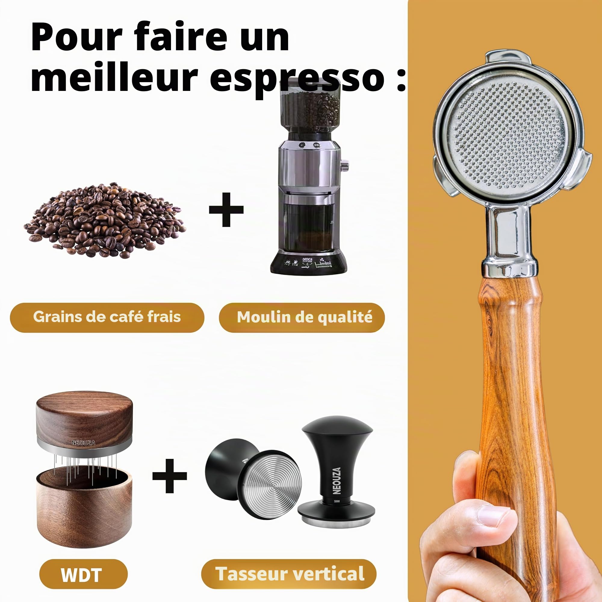 NEOUZA – Porte-filtre Espresso 51 mm compatible avec machine à café DeLonghi Dedica EC680 EC685 Smeg, panier non pressurisé, double becs (3 oreilles)