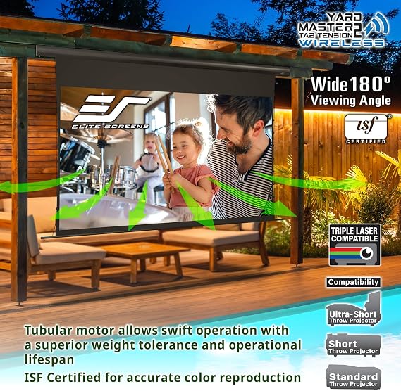 Elite Screens Yard Master 140-INCH Tab-Tension Wireless Outdoor Projector Screen Built-in Battery, IP33 Rated Water-Resistant Backyard Movies Outdoor Entertainment, OMS140WHT2-ELECT-BAT