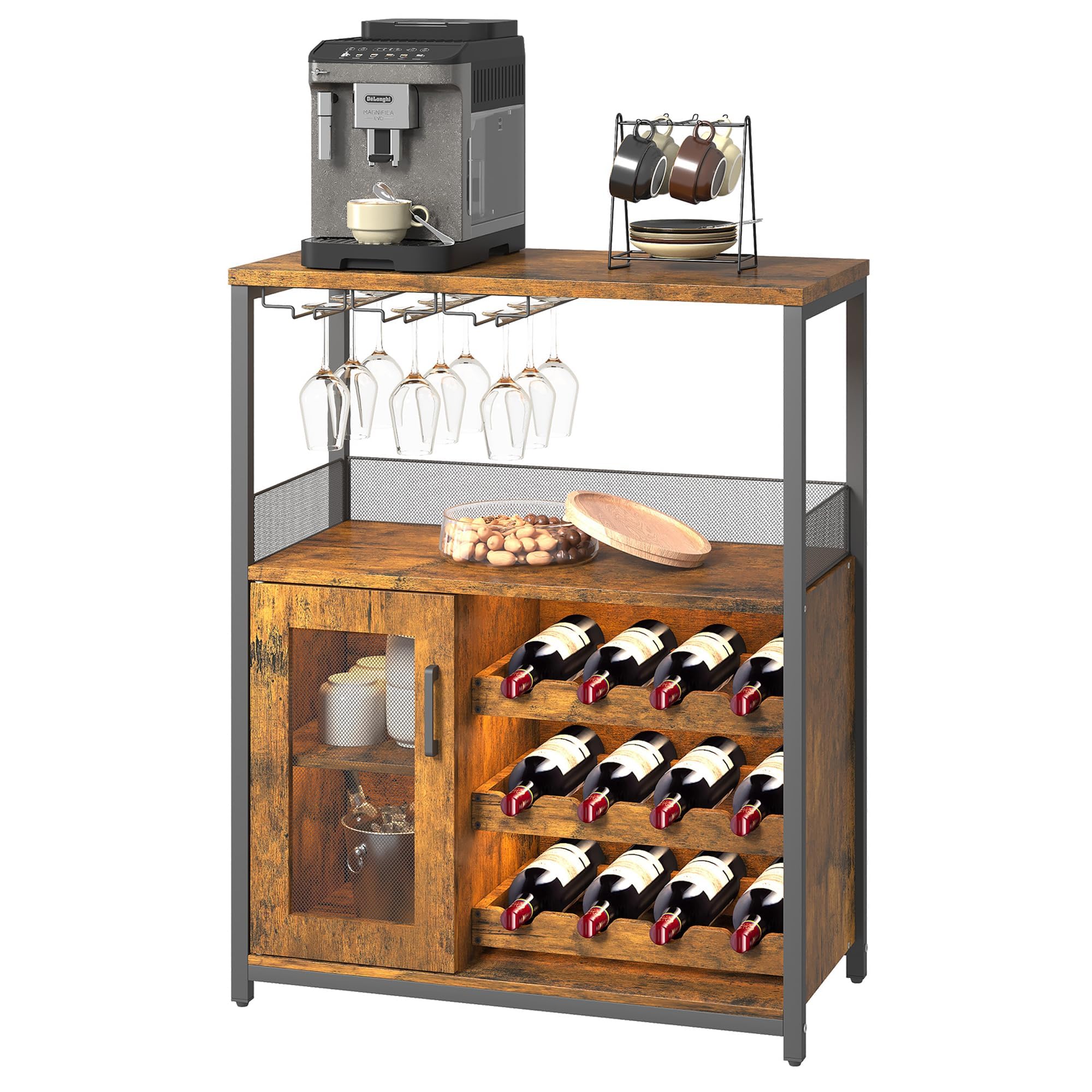 Litake Industrial Weinschrank und verstellbaren Einlegeböden, Kaffeebar-Schrank mit Gittertür und Lamellendesign, 91cm hoher Kleiner Bar-Schrank für zu Hause Küche Esszimmer Vintage Farbe