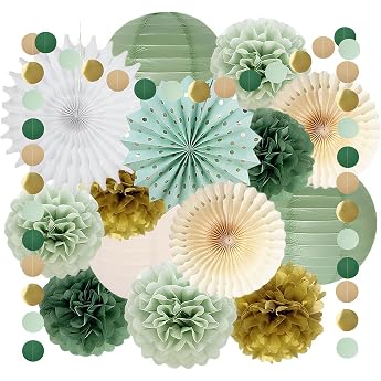 Sage Green Party Decorations Sage Green Cream Gold Tissue Paper Pom Poms Paper Fan Olive Tissue Paper Pompoms Sage Gold Circle Dots Garland Birthday Decoration for Baby Shower Wedding