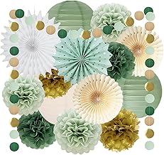 Sage Green Party Decorations Sage Green Cream Gold Tissue Paper Pom Poms Paper Fan Olive Tissue Paper Pompoms Sage Gold Circle Dots Garland Birthday Decoration for Baby Shower Wedding