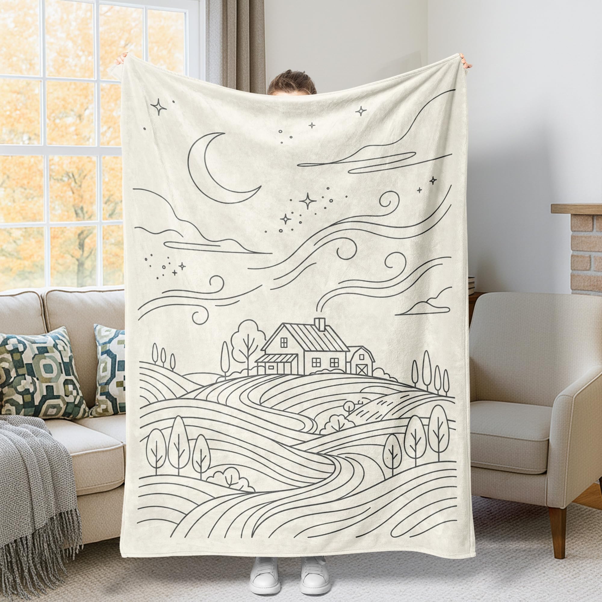 Couverture beige lune et étoiles en peluche rustique pour canapé et lit 152x203 cm