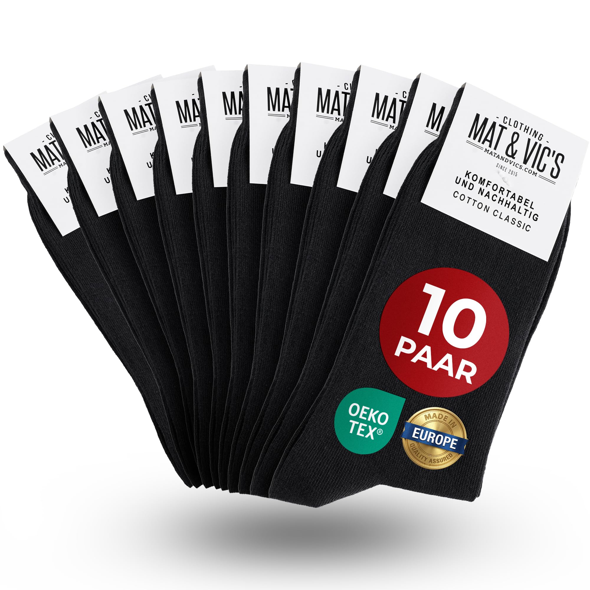 Mat & Vic's schwarze Socken Herren 43-46, feine Strümpfe aus Cotton Baumwolle gekämmt, Herrensocken für Freizeit, für Business Männer Damen, schwarz/black socks men & women, 10 Paar