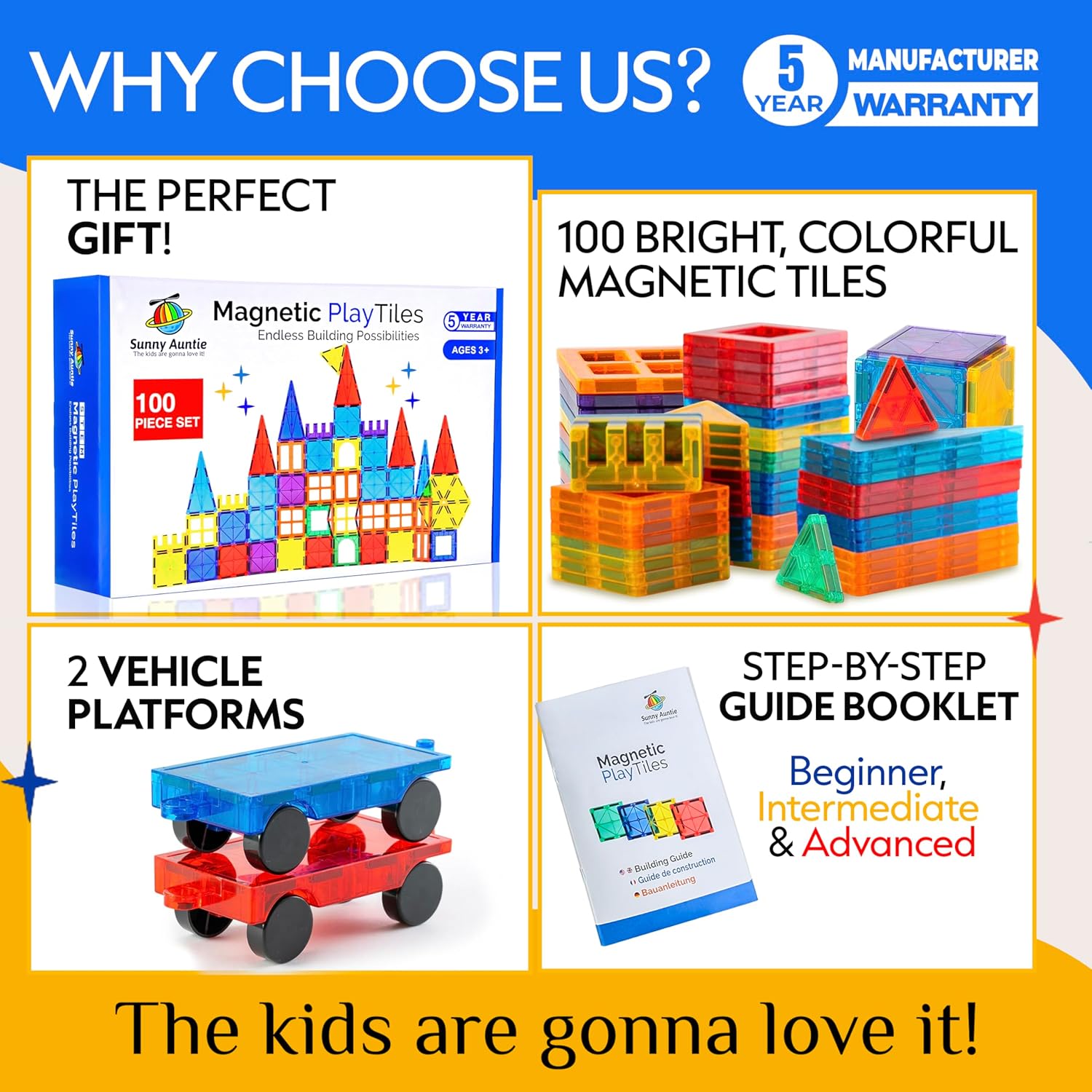 SUNNY AUNTIE Magnetic Tiles 100 PCS with 2 Cars – Magnetic Building Tiles STEM Toy for Kids Ages 3-8, Magnet Construction Set for Boys & Girls