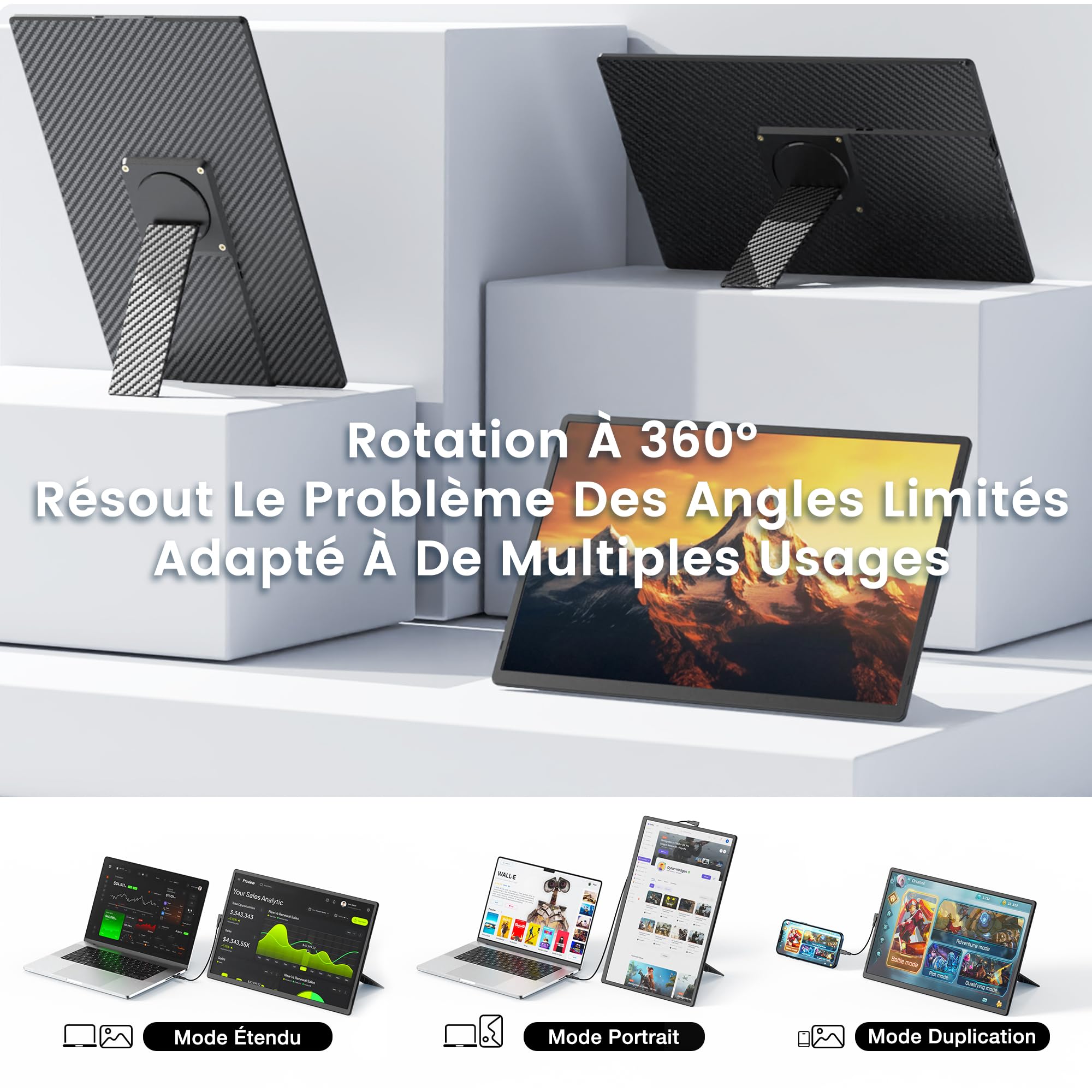 Kwumsy Écran Portable 16 Pouces - Moniteur pour Ordinateur Portable, Portable Ultra Fin, Écran d’Extension Laptop avec Support 360° Rotatif et Détachable, Plug & Play, Compatible Tous PC Portables.