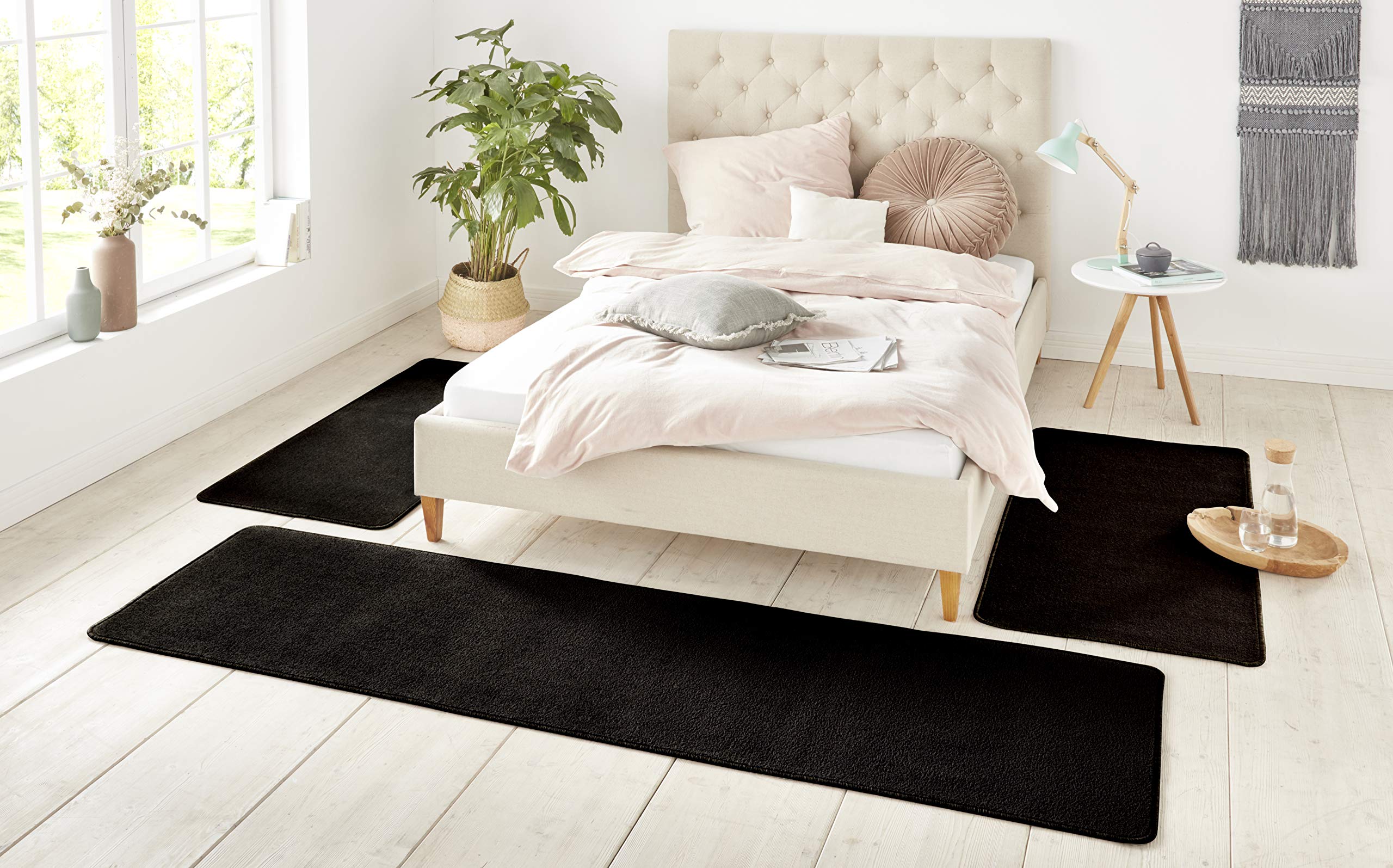Tapis de tour de lit 3 pièces pour chambre à coucher et tapis poils courts noir