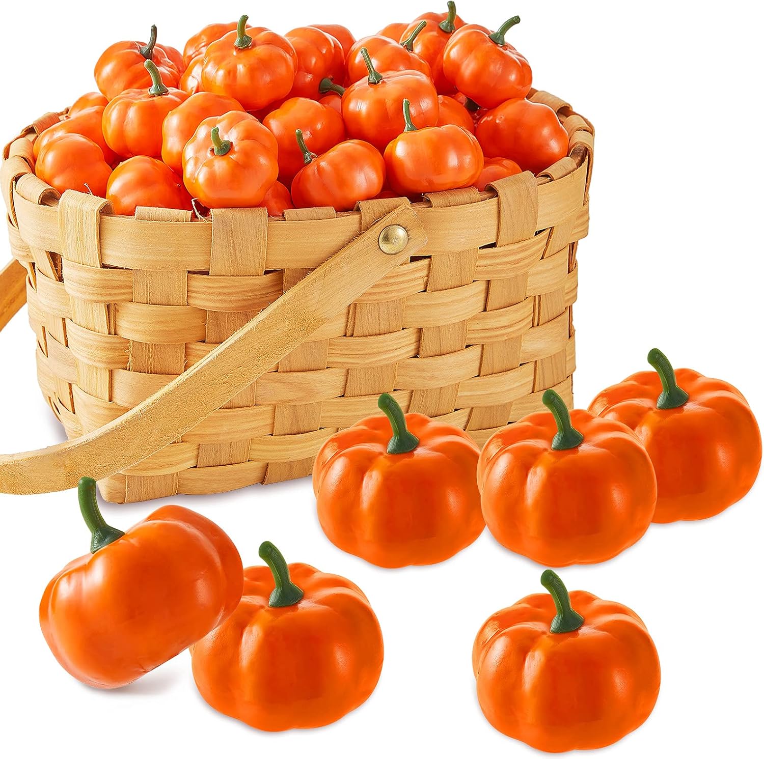 WILLBOND 50 Pieces Orange Artificial Mini Pumpkins Fall Harvest Fake Fruit Small Foam Pumpkins Decor for Decorating Miniature Fall Decorations for Home Kitchen Halloween Thanksgiving Party