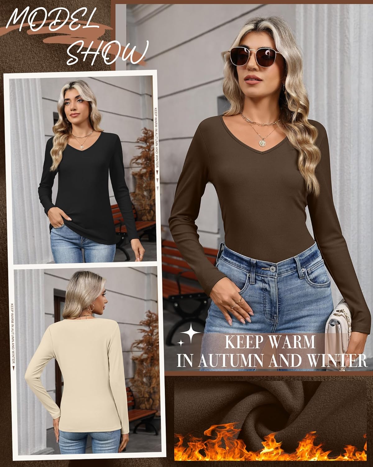 3 Pack Women's Thermal Shirts Long Sleeve V Neck Fleece Lined Undershirts Slim Fit Basic Tops Fall Winter Clothes - Image 2