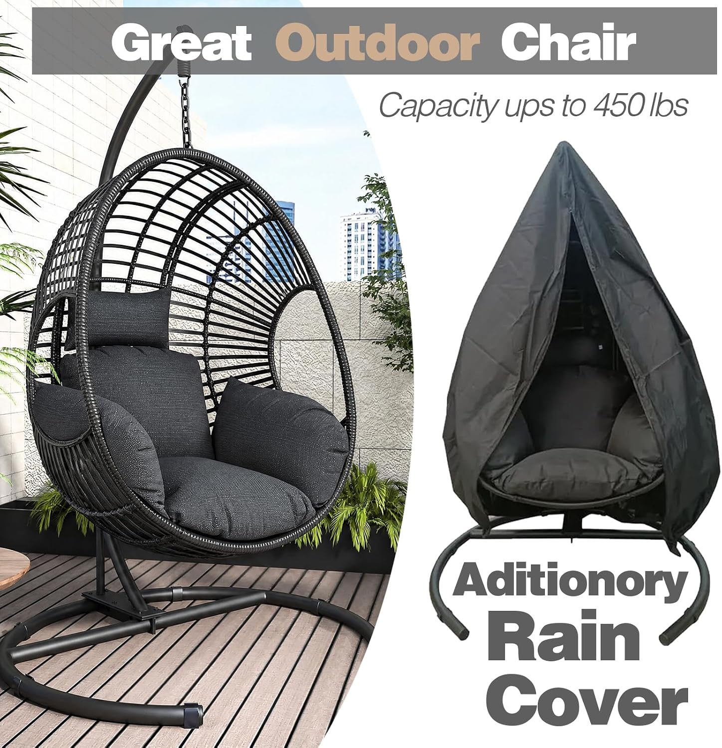 Oversized Hanging Egg Chair with Stand Outdoor Wicker Swing Chair Comfy Hammock Egg Shaped Chair 400lbs Capacity for Patio, Garden and Balcony image 3