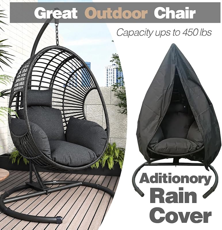 CHINNLUU Oversized Hanging Egg Chair with Stand Outdoor Wicker Swing Chair Comfy Hammock Egg Shaped Chair 400lbs Capacity for Patio, Garden and Balcony image 3