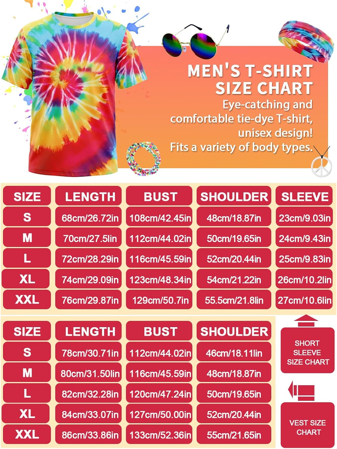 70s Outfits for Men 7pcs Hippie Costume for Men Tie Dye T-shirt Fringe Vest Peace Necklace Wig Sunglasses Headband - Image 8