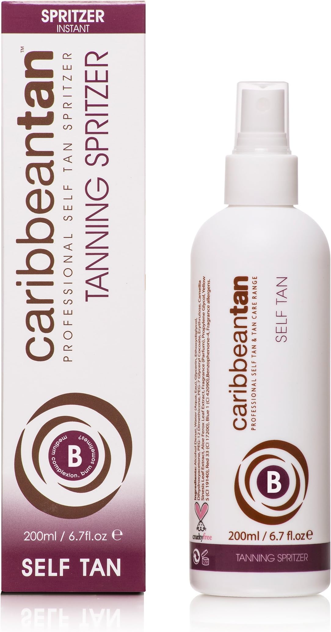 Caribbean Tan Tanning Spritzer B for Medium Complexion (6.7 fl.oz) + Free Tanner Mitt – Gorgeous, Natural Bronze Self Tan – Salon Quality Spray Tan delivers a Flawless Fake Tan, No Orange, No Streaks