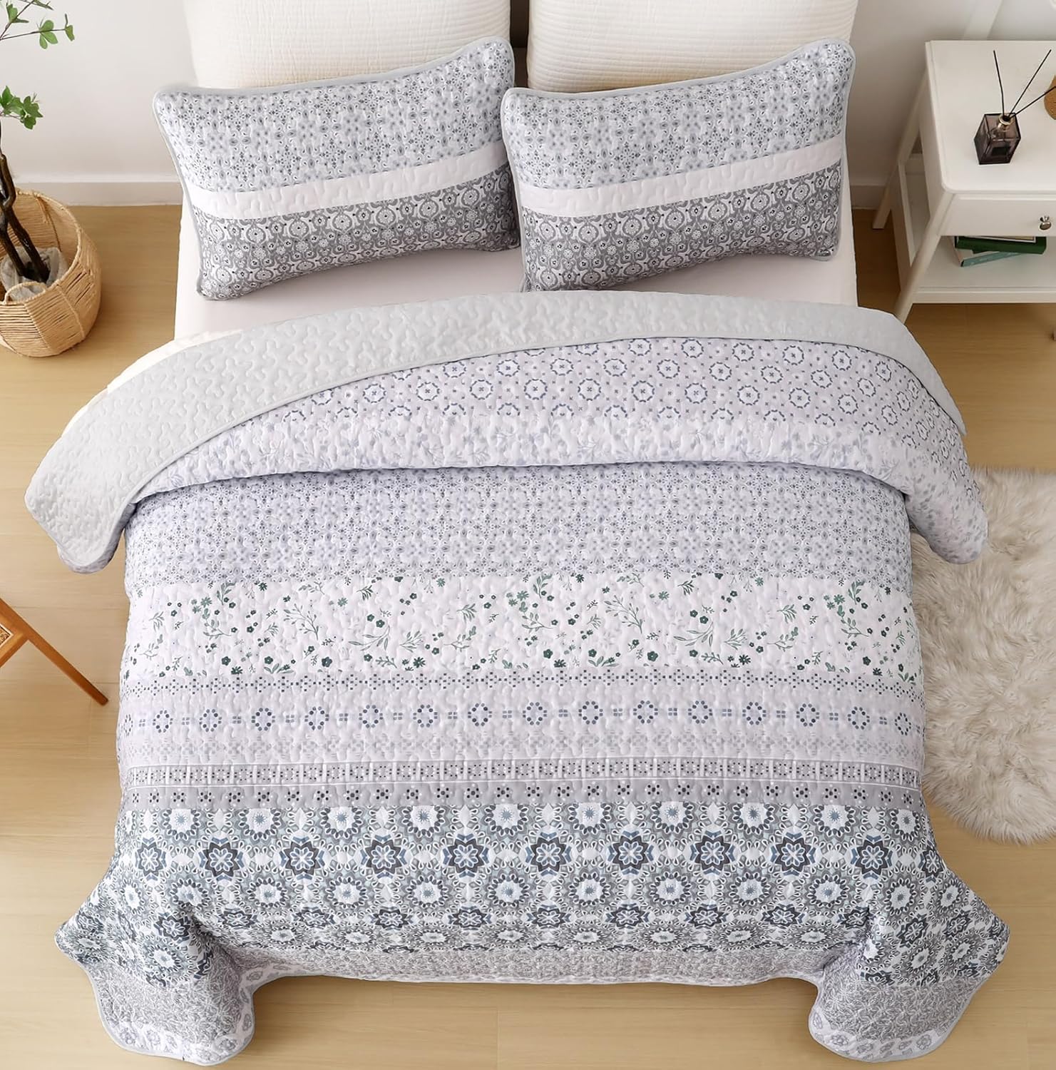 WONGS BEDDING Boho Quilt Set Queen Size,Grayish Blue Bohemian Striped Patchwork Bedspread Set,3 Pieces Microfiber Bedding Set for All Seasons (96"x90") - Image 3