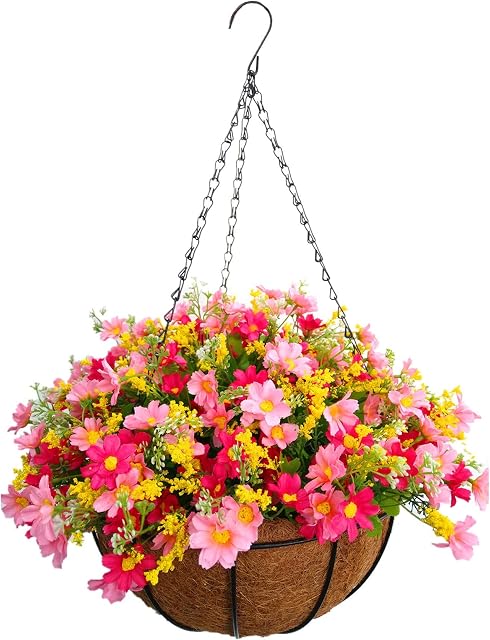 Home and Outdoors Silk Chain Hanging Basket Flowerpot Flowers DIY Artificial Daisy Red Flowers and Pink Flowers (Medium Basket)