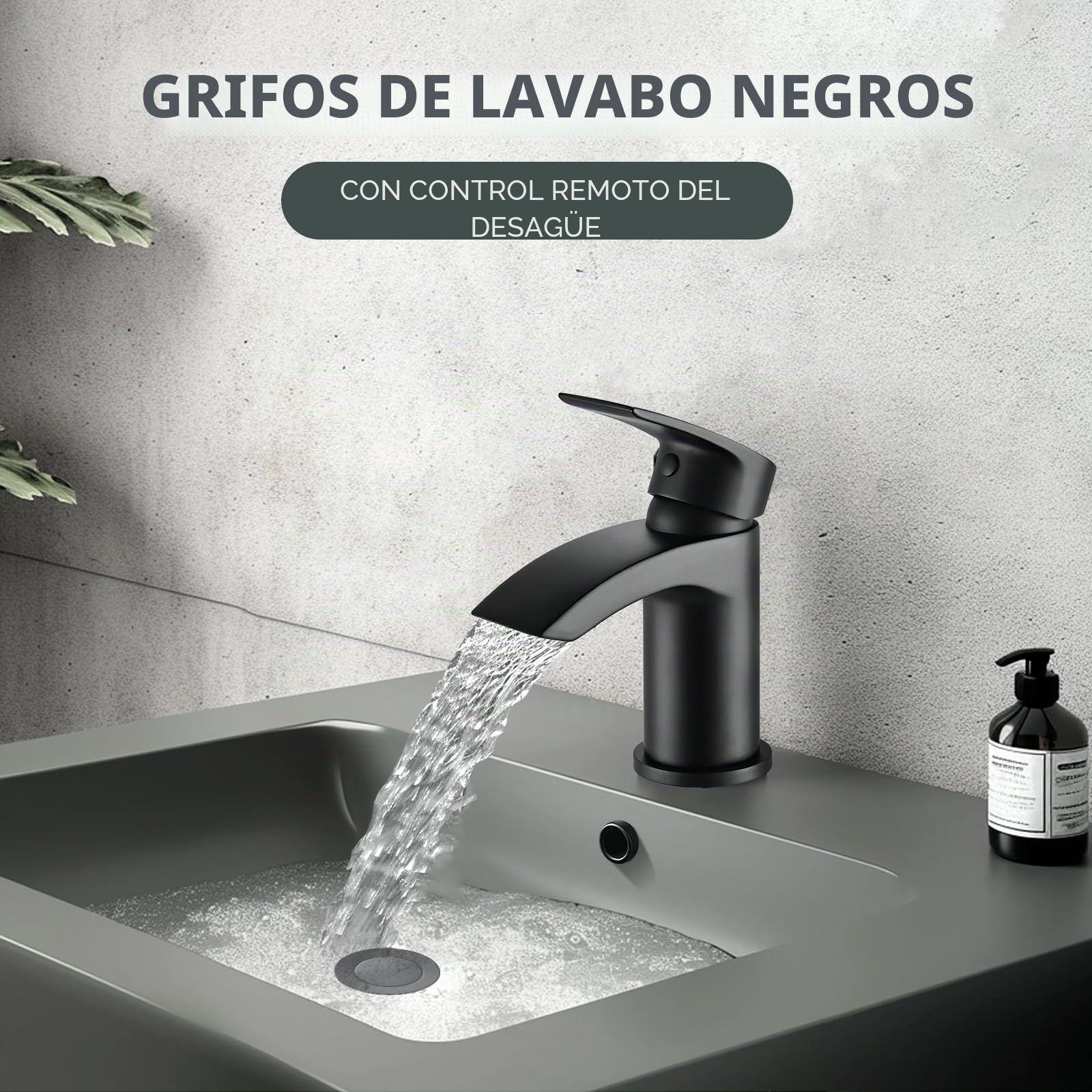 Grifos mezcladores para lavabo, color negro cascada con ranurados emergentes para desagüe de baño, monomando monomando de 1 agujero, monomando moderno con mangueras G1/2 pulgadas, grifo redondo para
