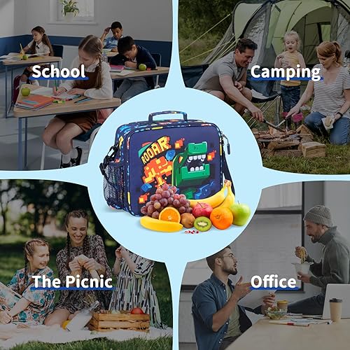 Miniatura 6 de rockpapa Lonchera infantil para niños con correa, impermeable, resistente a las manchas y al aceite, bolsa de almuerzo aislada, bolsa de almuerzo