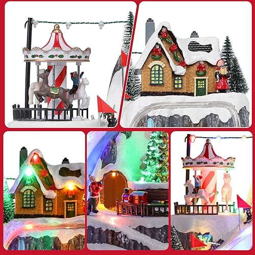Miniatura 5 de Bshine Decoración navideña de casa de pueblo, carrusel y tren de 10.4 x 11.2 pulgadas, adornos musicales de Navidad con luces LED, edificio