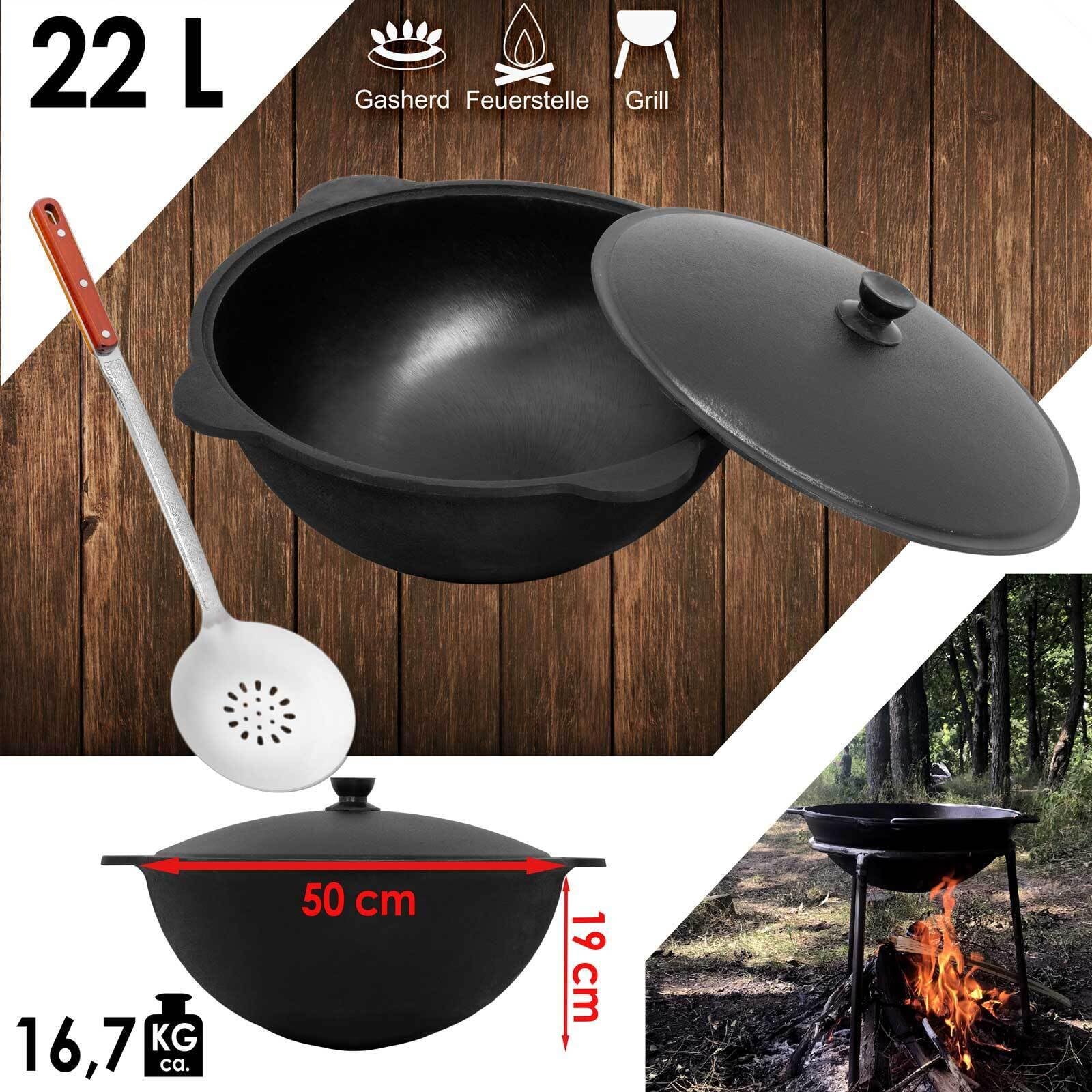 Wok Ghisa 22 L (fondo rotondo) Kazan con schiumatoio NAMANGAN Uzbek Kazan Uzbeko Asia WOK Cast Iron KESSEL Camping Uzbek Pentola con coperchio in alluminio