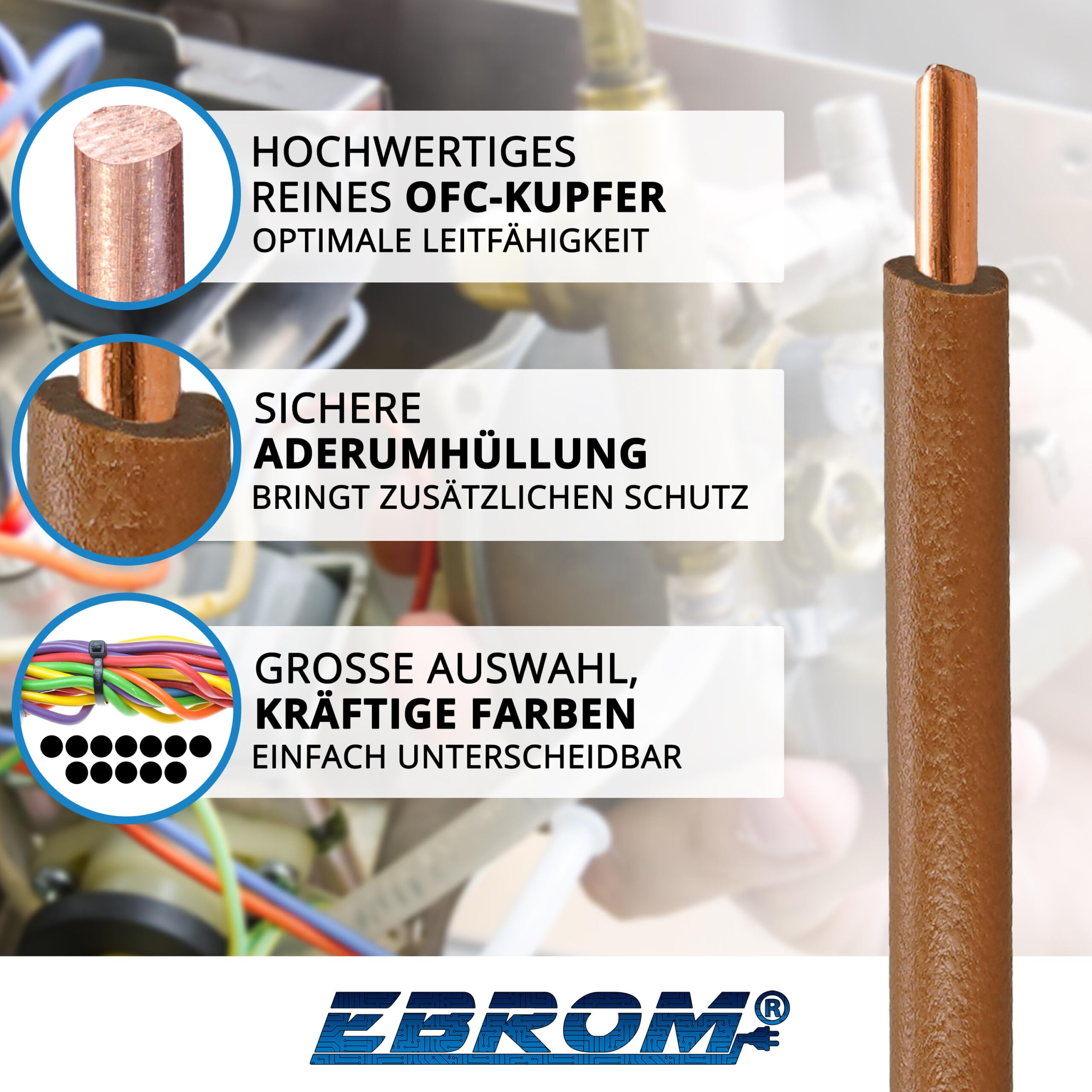 EBROM Aderleitung - Einzelader starr - PVC Leitung - Verdrahtungsleitung - H07V-U 1,5 mm² - 1,5 mm2 - Farbe: braun - viele Längen wählbar, von 10 Meter bis 100 Meter - Ihre ausgewählte Länge: 100 m