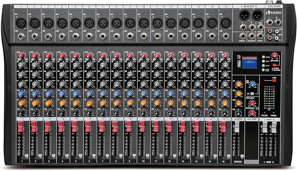 VDA216L Mixer Profissional 16 Canais para Shows ao Vivo, Karaokê - USB/Bluetooth, Efeito de Reverb, Saída de Monitoração, Controle de Som de Estúdio e Palco (Alimentação 110V/220V)