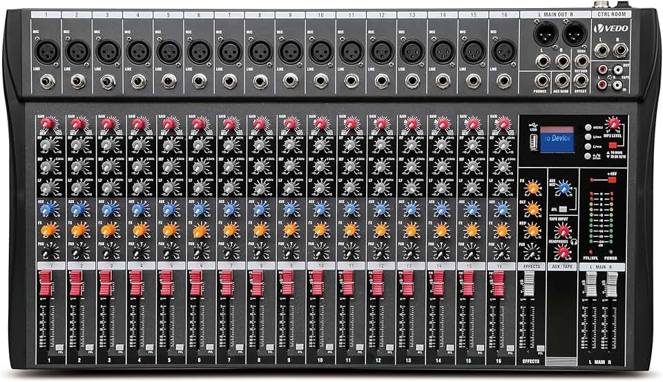Mesa de Mistura de Áudio VEDO 16 Canais, Mixer Profissional com Bluetooth, USB, Phantom Power +48V, Equalizador 3 Bandas, para DJ, igrejas e gravação de música