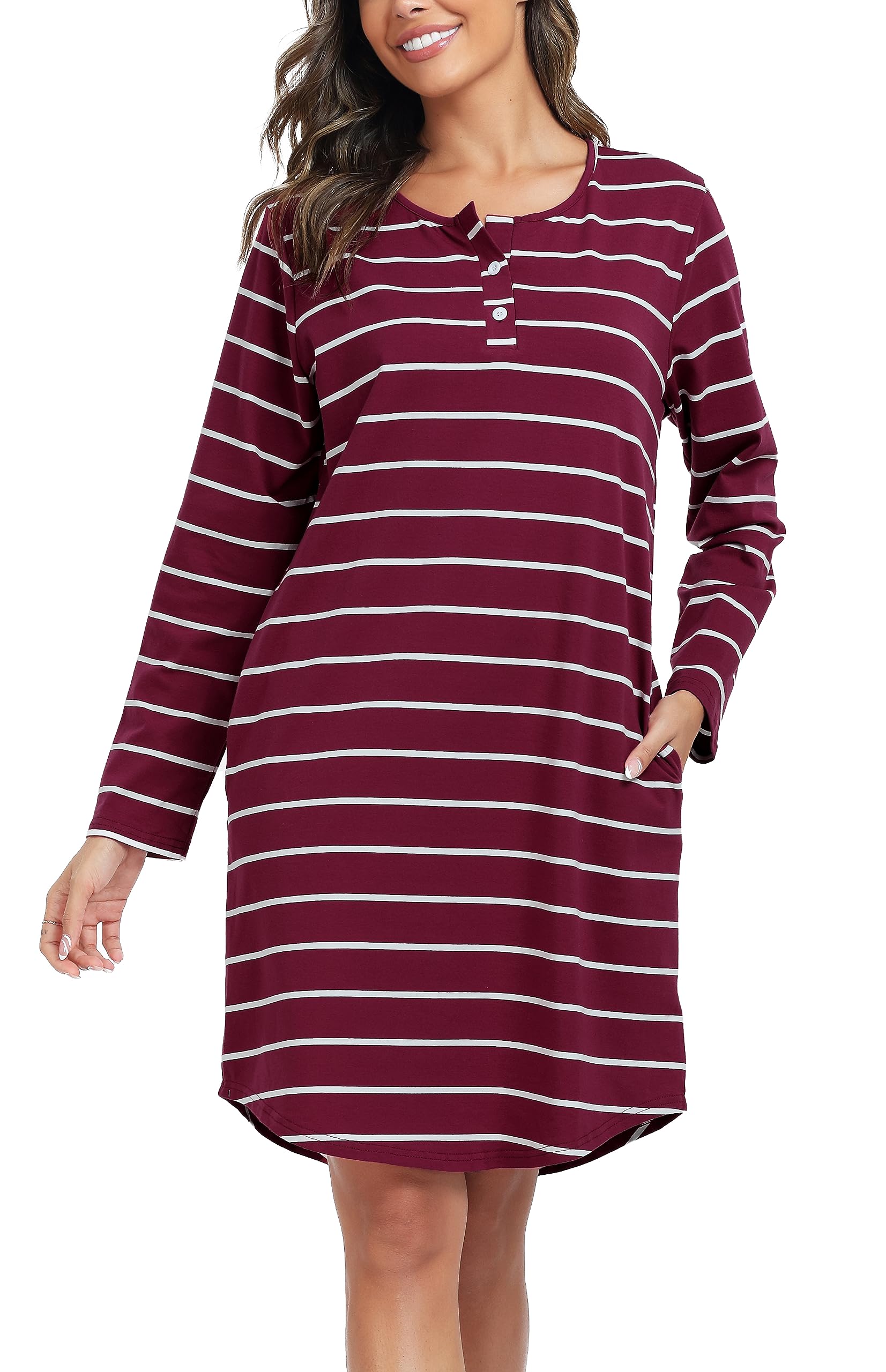 Lovasy Nachthemd Damen Baumwolle Schlafshirt Streifen Nachthemden für Damen mit Knopfleiste und Zwei Taschen
