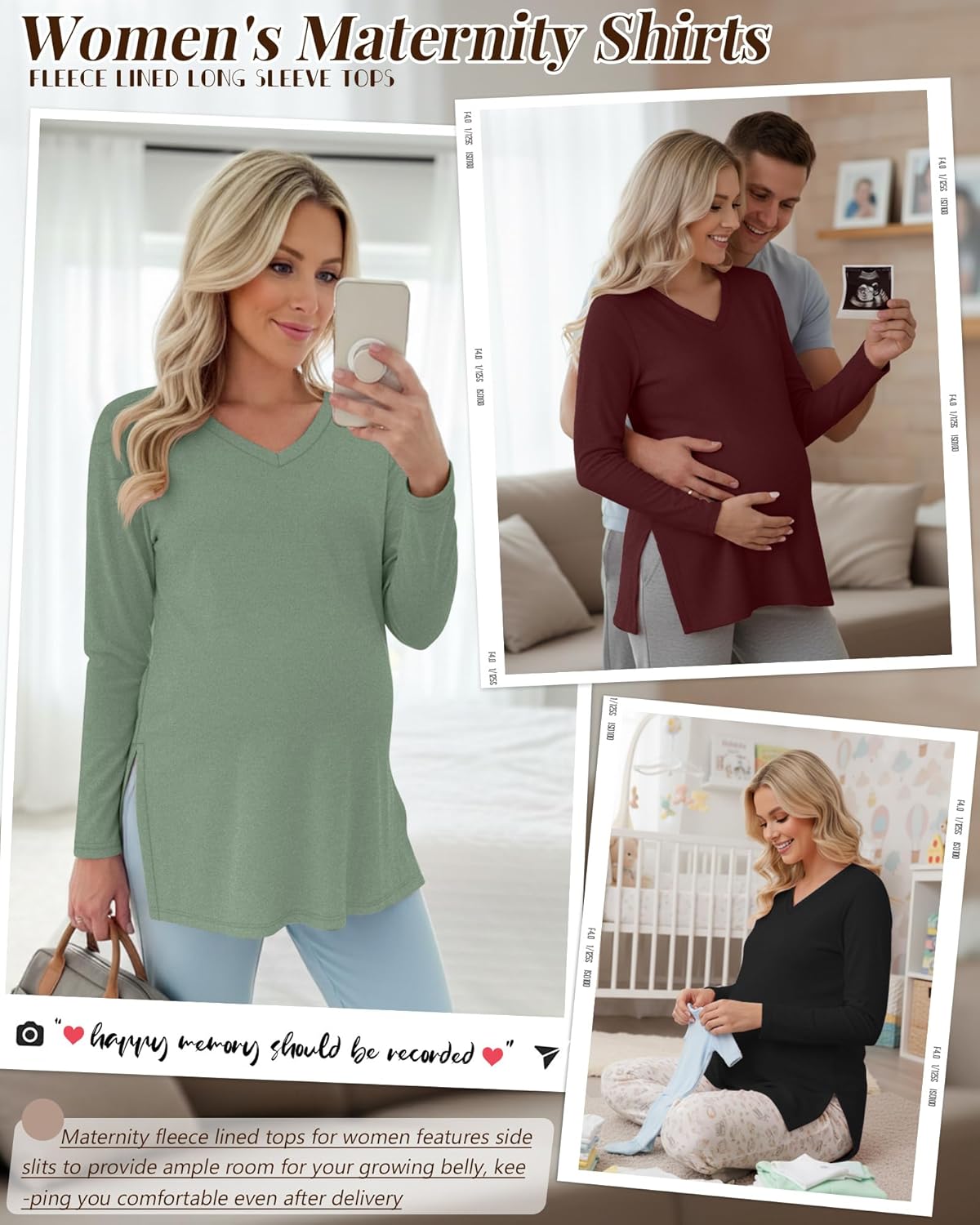 3 Pack Women's Thermal Maternity Shirts Fleece Lined Long Sleeve Tops Split Side V Neck Pregnancy Clothes - Image 4