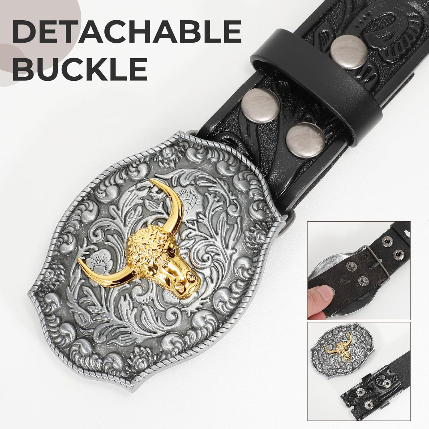 SANSTHS Western Cowboy Belt for Men Bull Buckle Belt Womens Western Floral Engraved Leather Belts for Jeans - Image 2