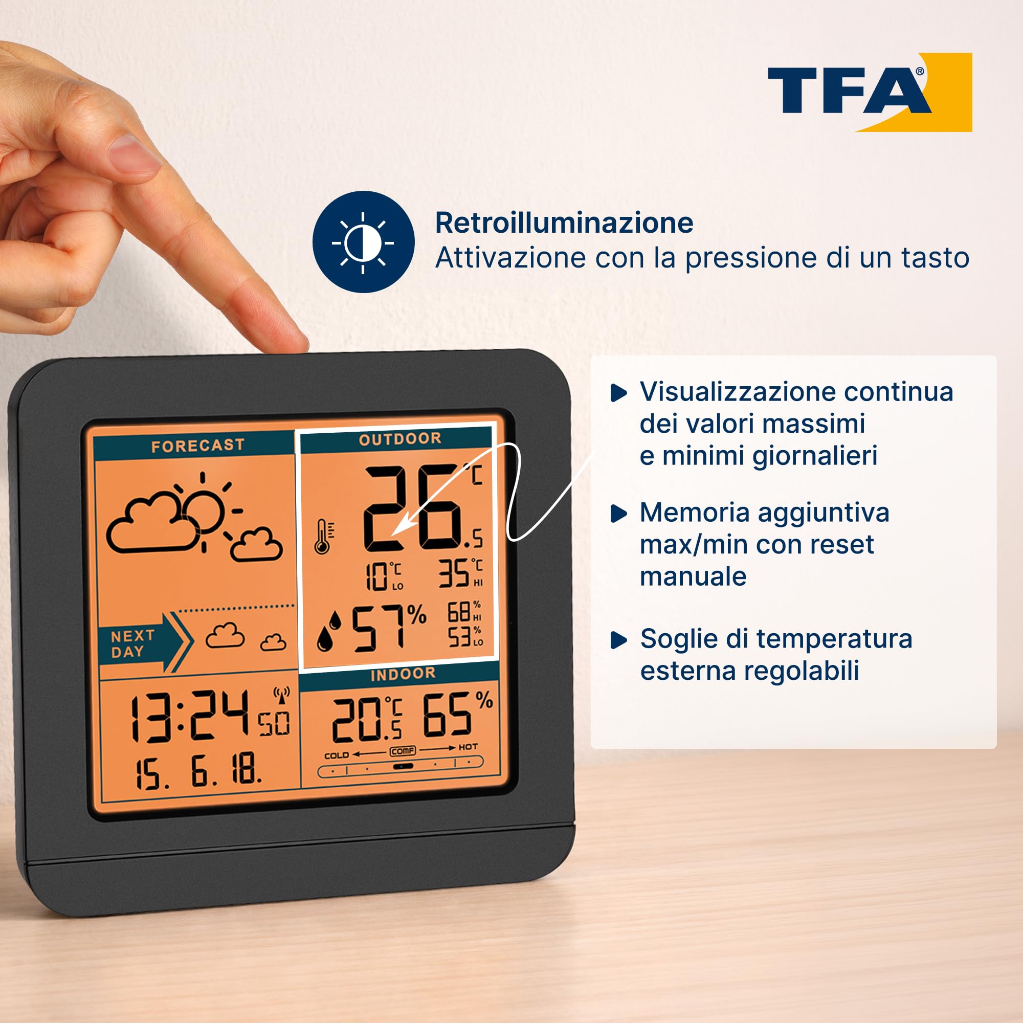 TFA Dostmann Stazione meteo con sensore esterno, radio SKY, 35.1152.01, radio, previsioni del tempo, orologio radio, per interni ed esterni