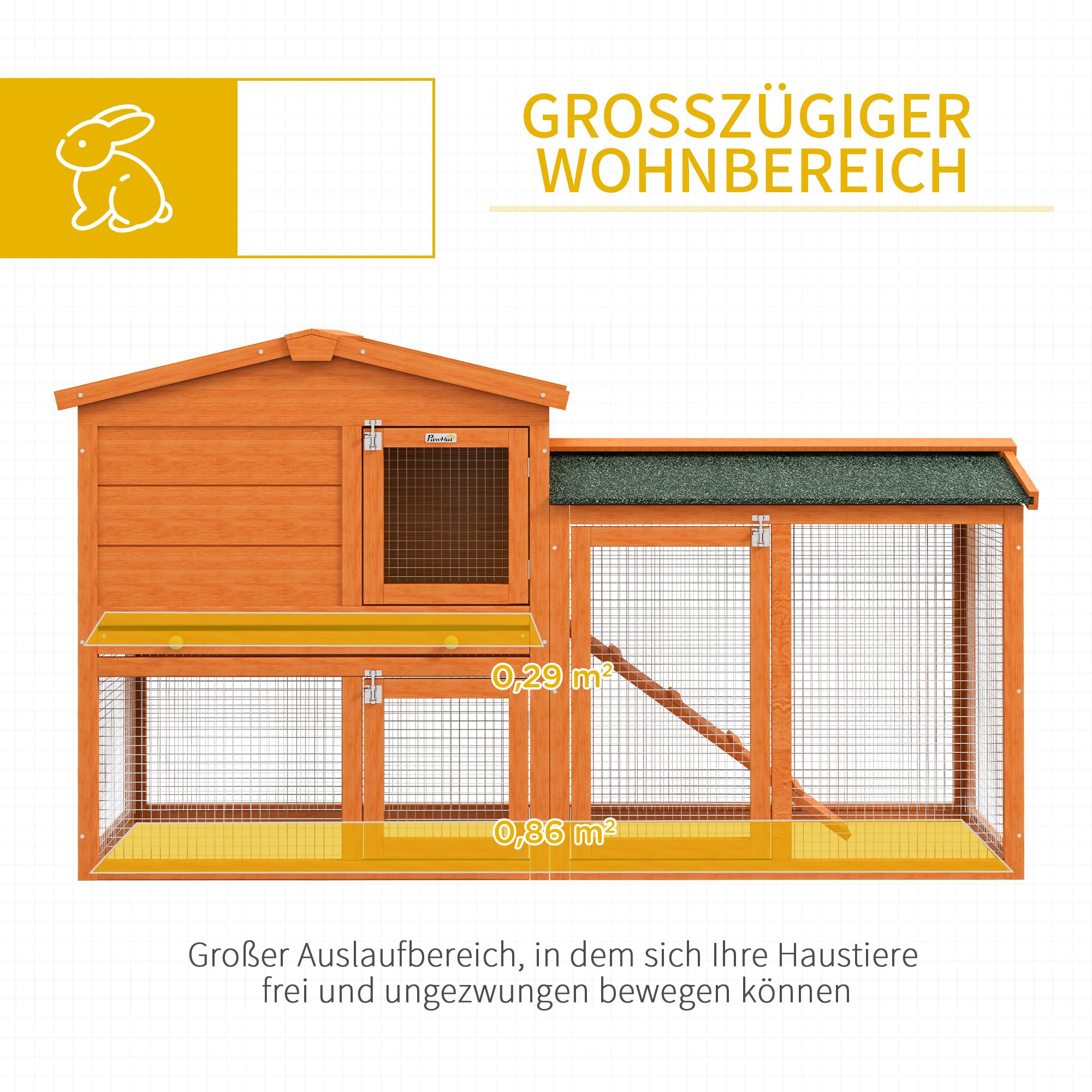 PawHut Kaninchenstall, auf Zwei Etagen, mit Rampe 150x45x85 cm Orange
