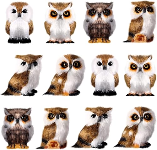 Sratte Adorno navideño de búho peludo, bonito búho colgante para árbol de Navidad, fiesta de carnaval (12 unidades, estilo marrón)