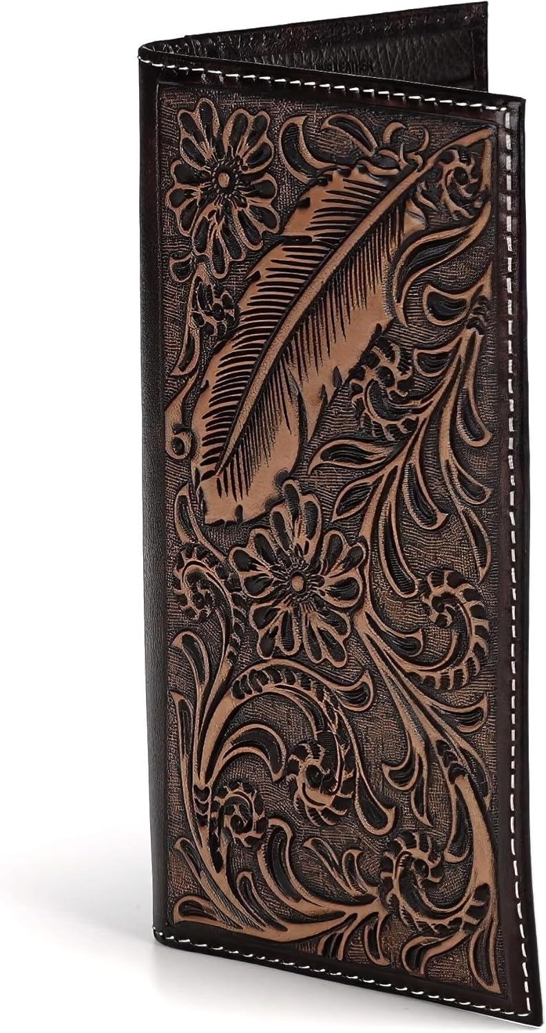 ARIAT Men's Rodeo Wallet - Genuine Leather with Feather Embossed Design, Brown