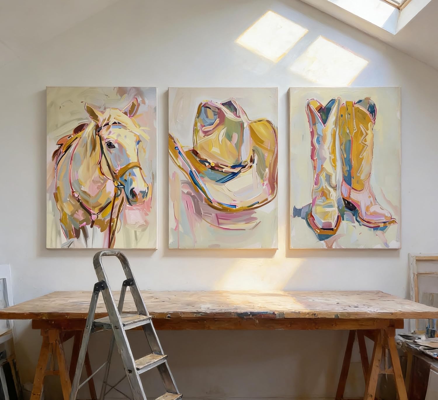YVSRLX 3Pcs Pink Coastal Cowgirl Wall Art, Preppy Western Room Decor for Teen Girls Bedroom, Set of 3 Framed Canvas Prints Ready to Hang with Boots Hat & Horse Modern Abstract Picture