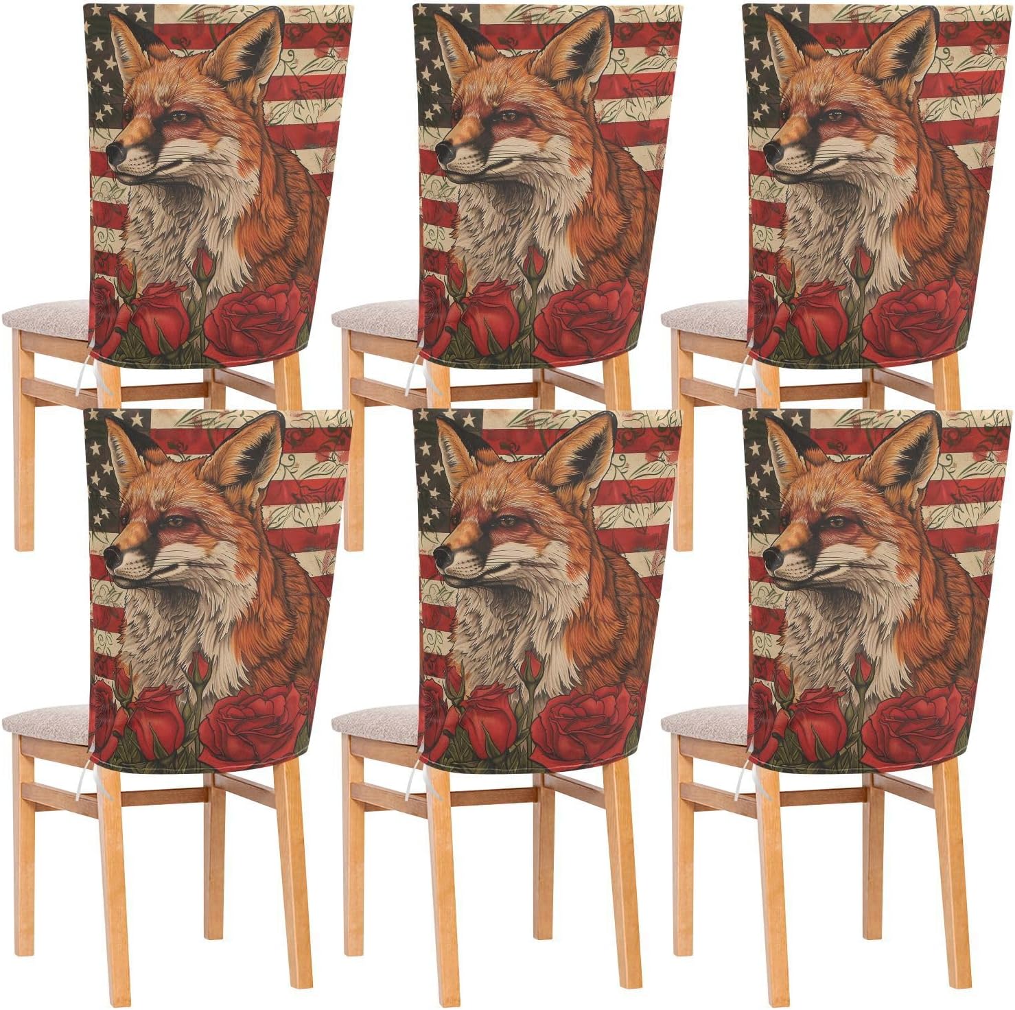 ALAZA Fox Rose Flowers USA Style Chair Back Cover Set of 6, Washable Reusable Removable Chair Slipcovers Decorative Chair Cover for Home Kitchen Wedding Party