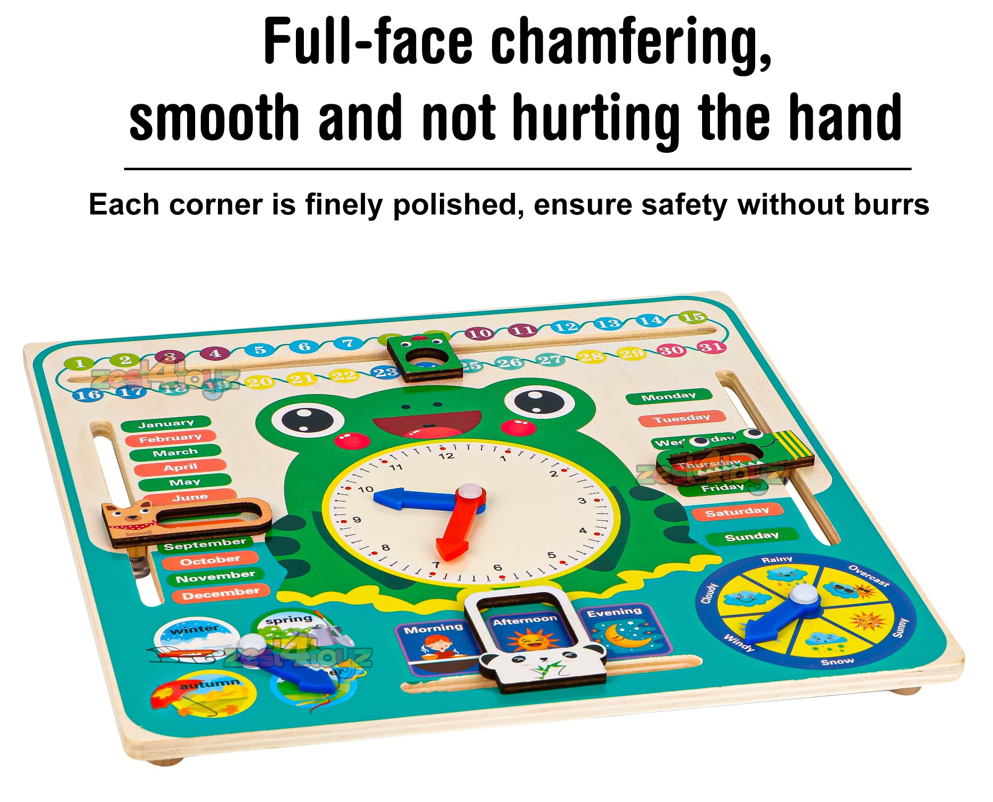 Zest 4 Toyz Learning Calendar Time and Seasons Game Wooden Clock Toy Calendar Board Shape Recognition Educational Learning Toy Frog (Green) - 3+ - Image 7 thumbnail