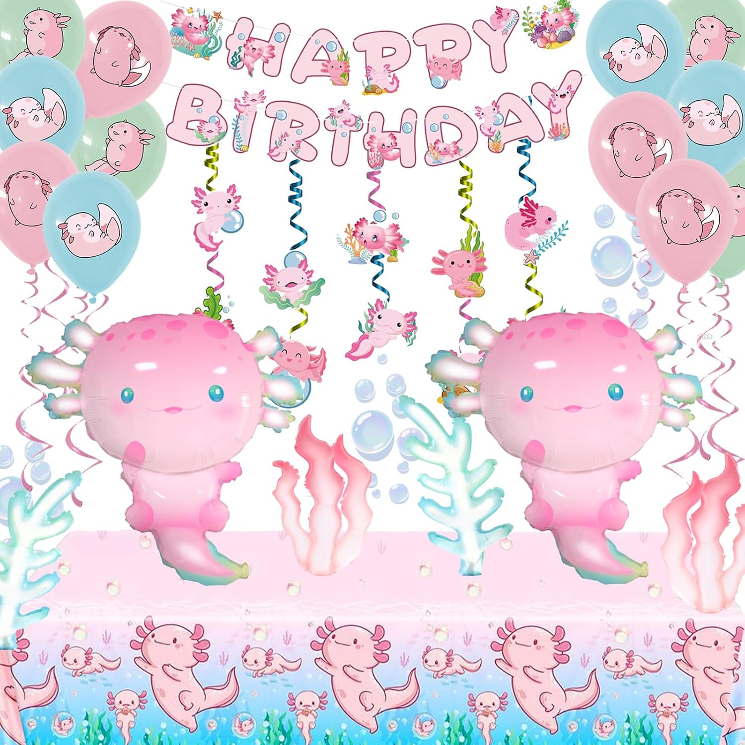 Axolotl Birthday Party Decorations - 21Pcs Pink Axolotl Party Favors Set with Axolotl Foil Balloons, Latex Balloons, Banner, Tablecloth, Curling Ribbons for Girls Birthday Party Suppllies