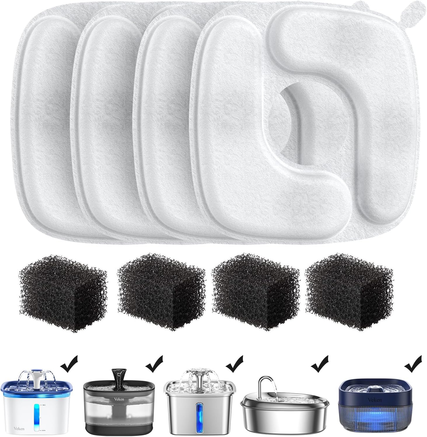 Veken Cat Water Fountain Filters, 4 Pack Replacement Filters & 4 Pack Replacement Pre-Filter Sponges Set for 50oz, 84oz, 95oz Automatic Pet Fountain Dog Water Dispenser