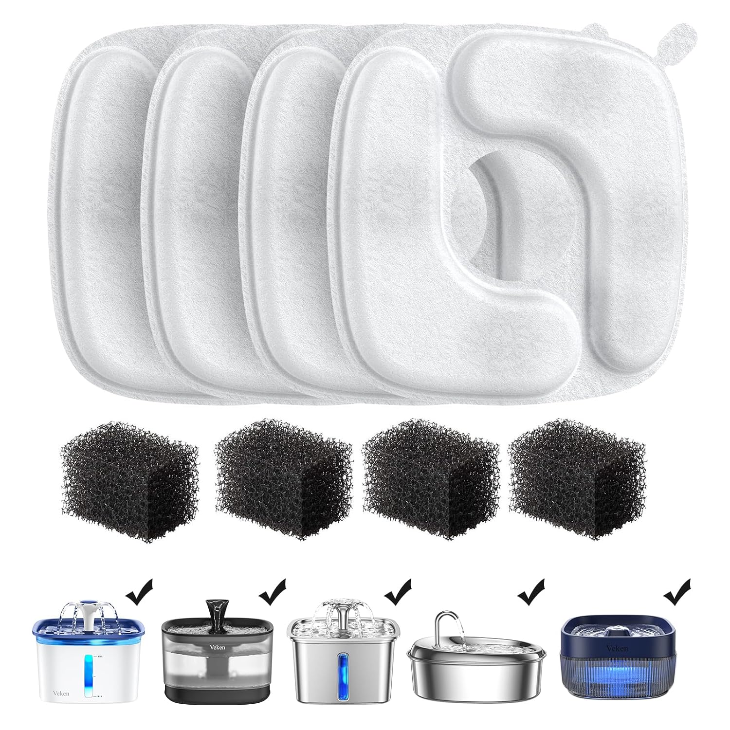 Veken Cat Water Fountain Filters 4 Pack Replacement Filters 4 Pack Replacement Pre-Filter Sponges Set for 50oz 84oz