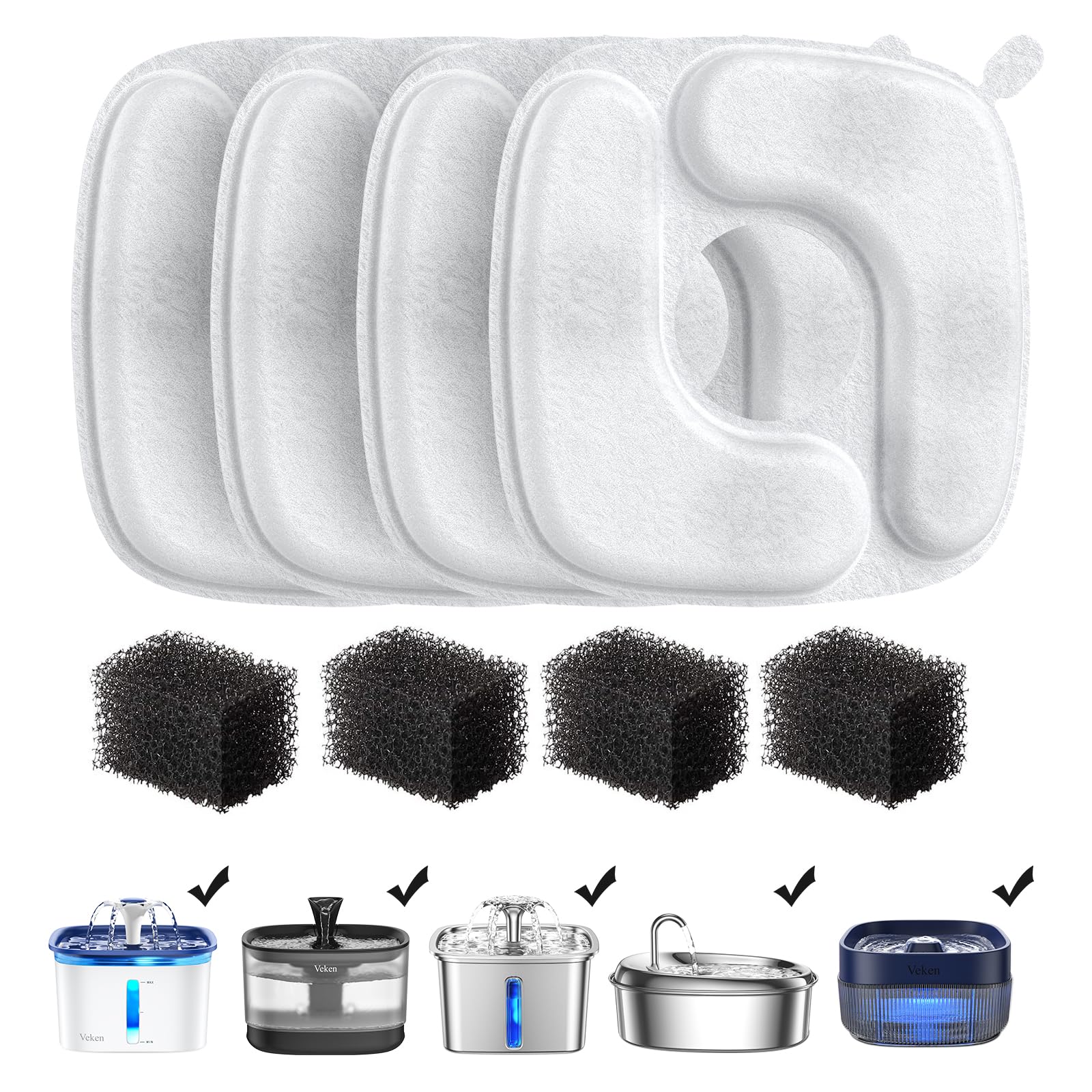 Veken Cat Water Fountain Filters, 4 Pack Replacement Filters & 4 Pack Replacement Pre-Filter Sponges Set for 50oz, 84oz, 95oz or 108oz Automatic Pet Fountain Dog Water Dispenser