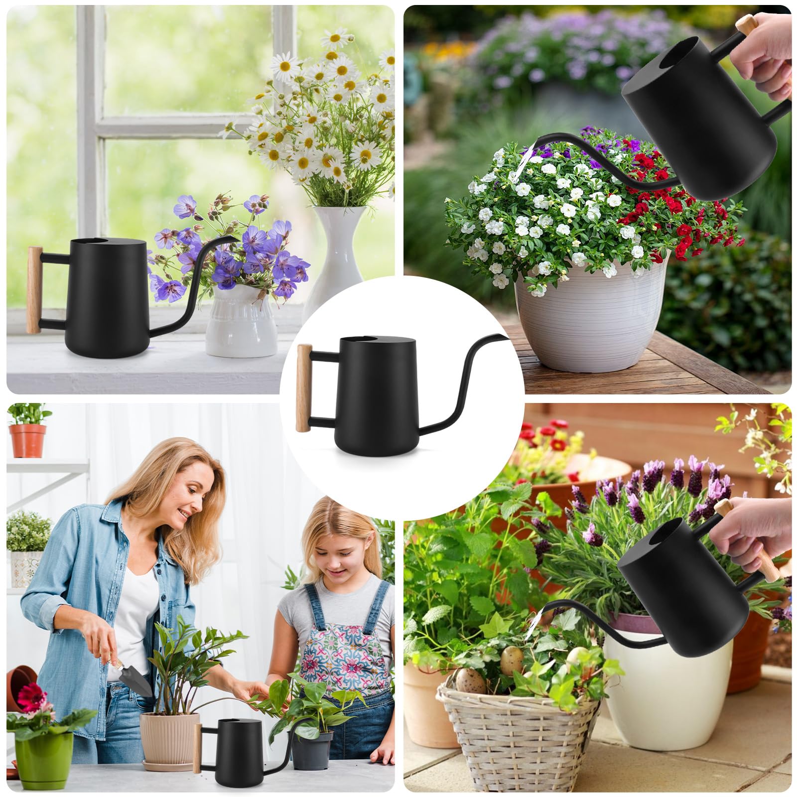 Regadera Pequeña de 1L,Regadera para Plantas de Interior con Caño Largo y Pequeñas Herramientas de Jardinería,Mango de Madera,Regaderas de Acero Inoxidable para Plantas en Maceta y Suculentas