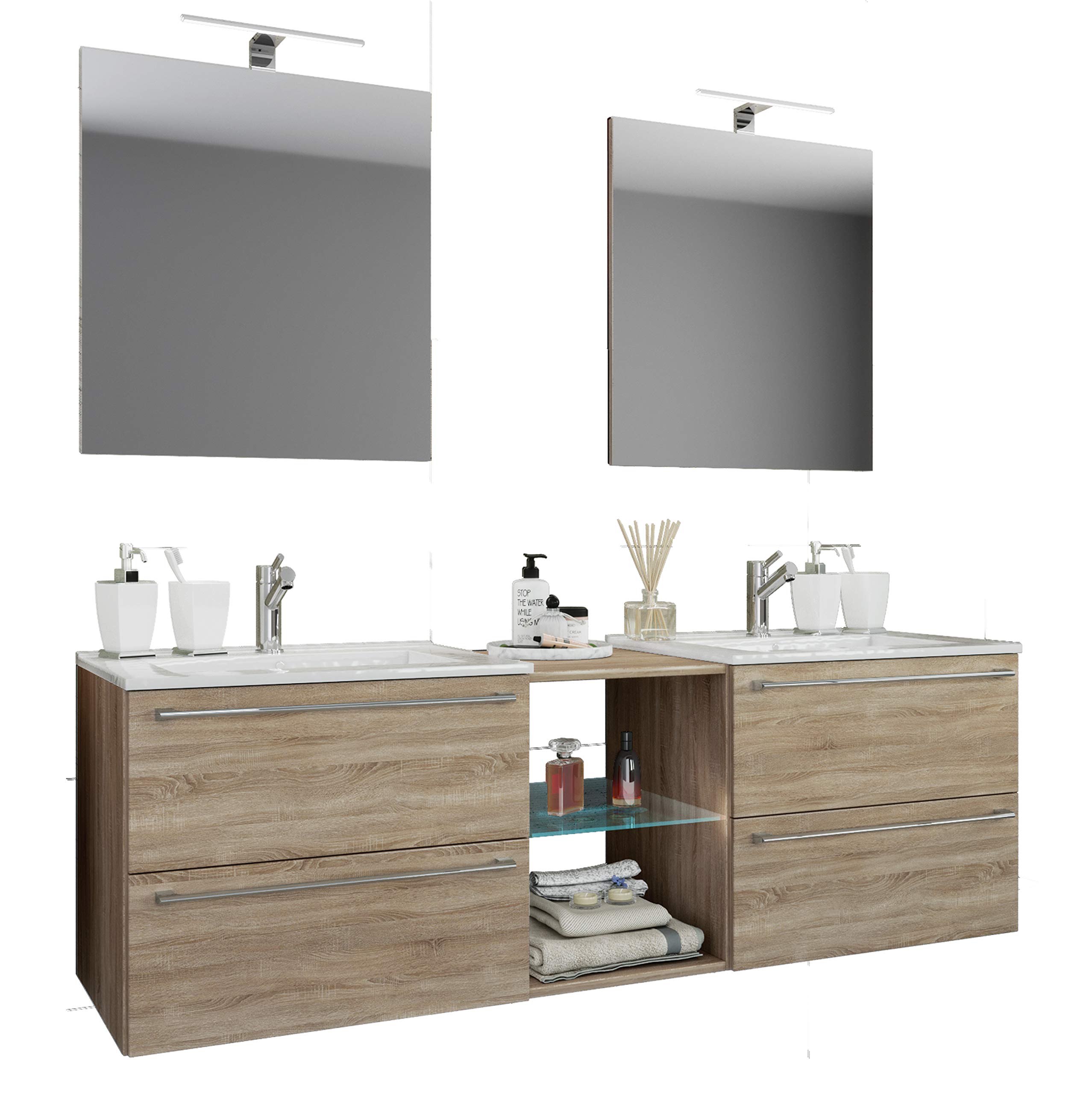 VCM 3-TLG. Set | 2 Waschtisch, 2 Spiegel, 2 Waschbecken, 1 Mittelfach | Keramik Waschbecken | Unterschrank 155 cm | Badmöbel Set Doppel Waschplatz - Badinos XXL