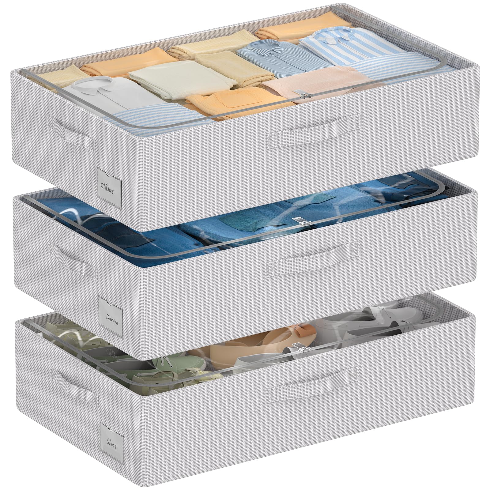 3 x Unterbett-Aufbewahrungsbehälter mit Metallrahmen – Schuh-Organizer für Schrank mit transparenter Abdeckung, Oxford-Gewebe, stabiler Unterbettbehälter, faltbar, stapelbar, Kleider-Organizer (Grau,