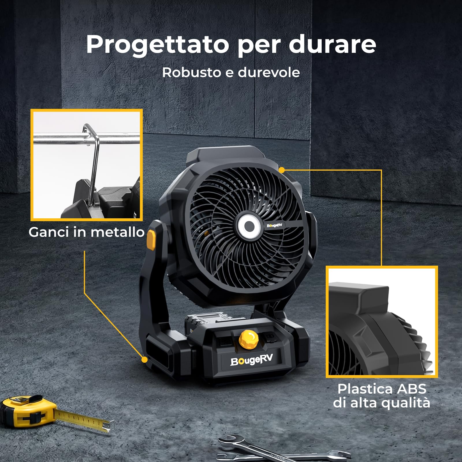 BougeRV Ventilatore portatile ricaricabile da 18 V, 8 Ah, alimentato a batteria, 755 CFM, con doppi ganci in metallo, porta USB, luce brillante per esterni, lavoro, magazzino, campeggio, camper