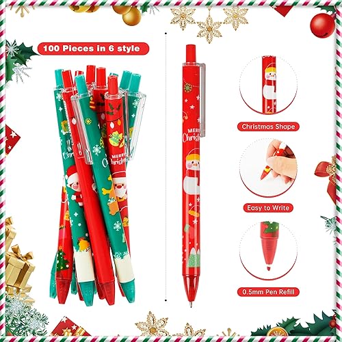 Miniatura 3 de 100 bolígrafos de Navidad a granel, bolígrafos retráctiles de Navidad, Papá Noel, muñeco de nieve, árbol de Navidad, bolígrafos de 0.020 in para