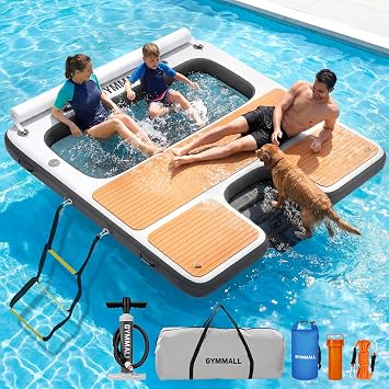 Inflatable Floating Dock with Mesh Water Area, Dog Ramp & Non-Slip EVA Surface, 8FT Floating Water Platform for Portable Lake, Pool, Beach, Ocean Floats with Pump & Ladder