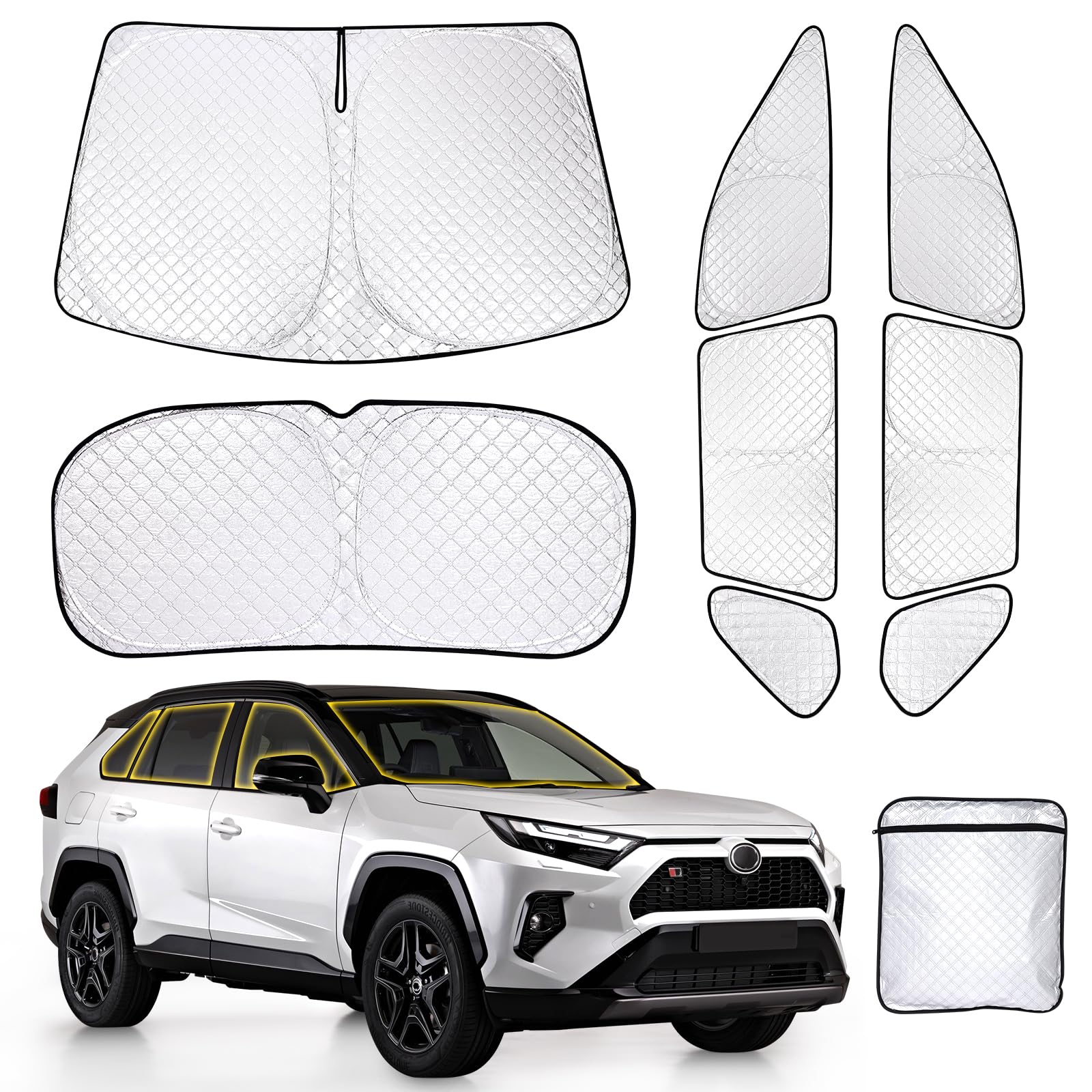 ZATOTOO Lot complet de pare-soleil de fenêtre de voiture pour Toyota RAV4 2019-2024 – Ensemble complet de housses de fenêtre triangulaires avant et arrière – Protection contre les UV et l'intimité
