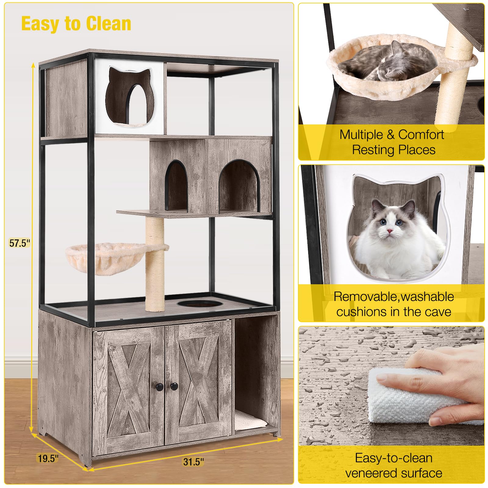 Aivituvin Cat Litter Box Enclosure, Litter Box Furniture Hidden, Wooden Cat Washroom Furniture, Indoor Cats House with Condo, Hammock, Scratching Mat and Storage Shelves-Greige - image 6