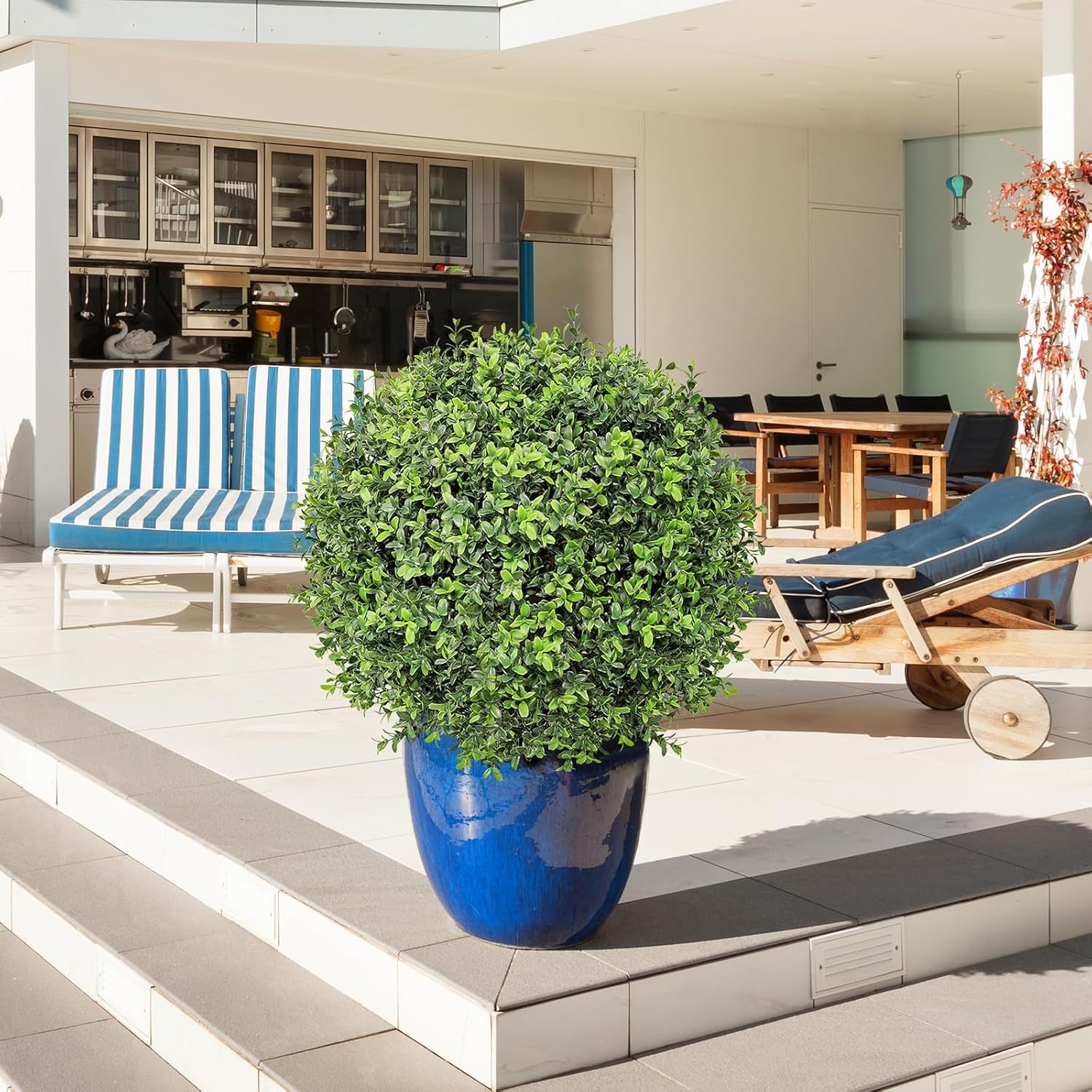 26" Artificial Boxwood Topiary Trees - 19.7" W Large Faux Plants Outdoor for Front Porch Decor, UV-Resistant Potted Shrubs with LED Lights, Realistic Fake Greenery Balls for Patio Entrance, Set of 2 - Image 2