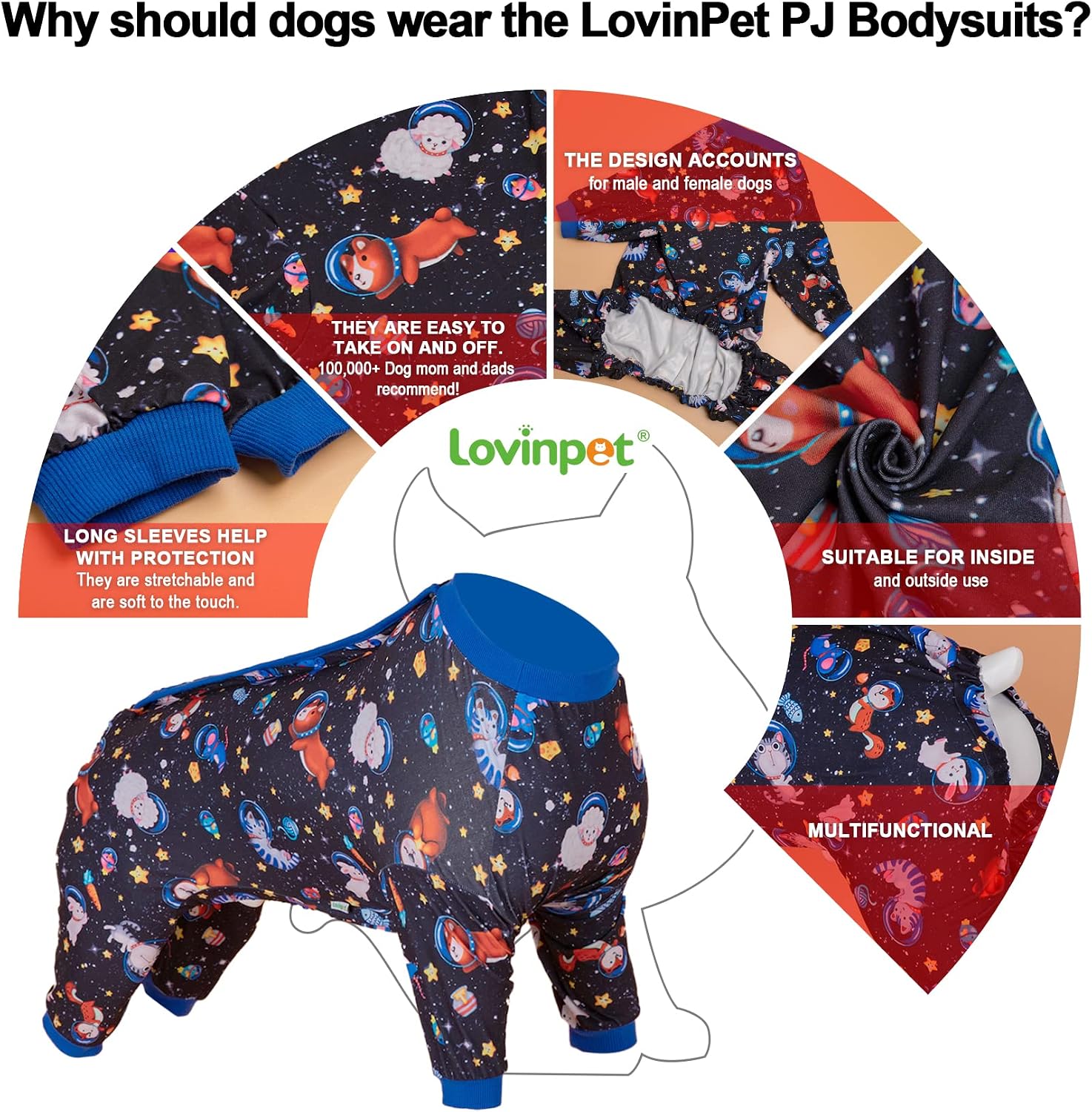 LovinPet Large Big Dog Pajamas - Anxiety Calming Dog Onesie, Pet Pajamas for Dogs, Lightweight Stretchy 4 Legged Style Large Dog Jammies, Space Animals Black Print, Pet Pjs,Black 2XL