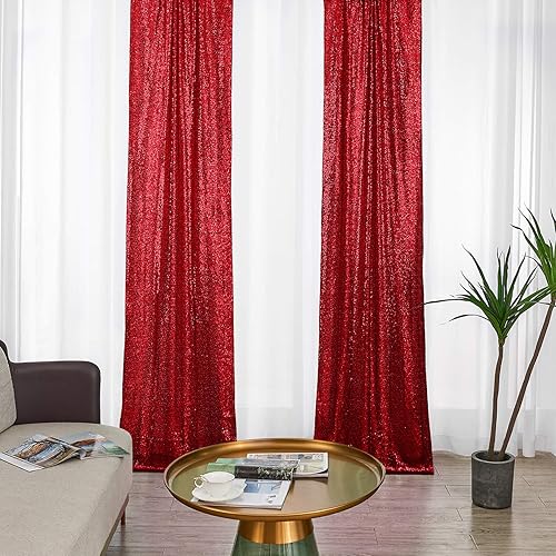 2×8FT-2PCS Burgundy Red Sequin Backdrop Curtains Panels, Photography Backdrop Glitter Curtains Fabric Background for Christmas Wedding Party Decor